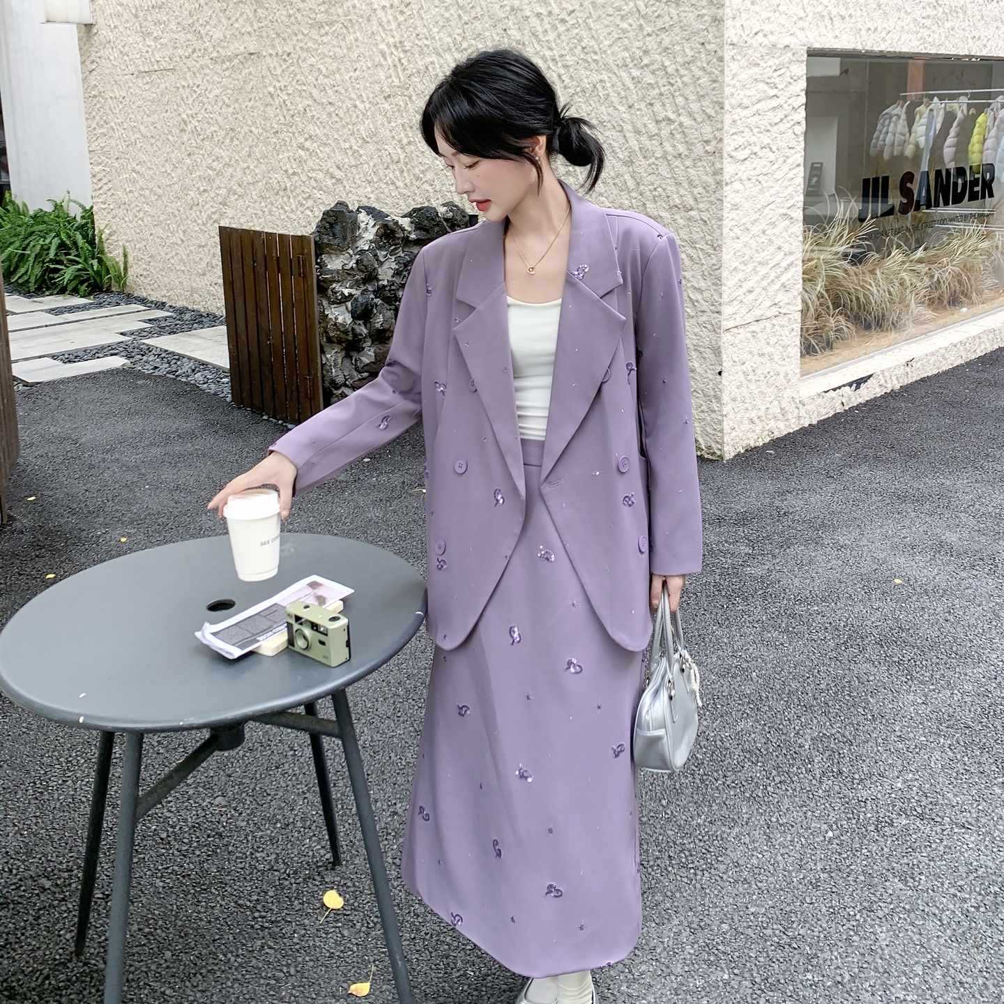 紫色优雅贵气亮片套装女2025秋季新款高级感西装外套半身裙