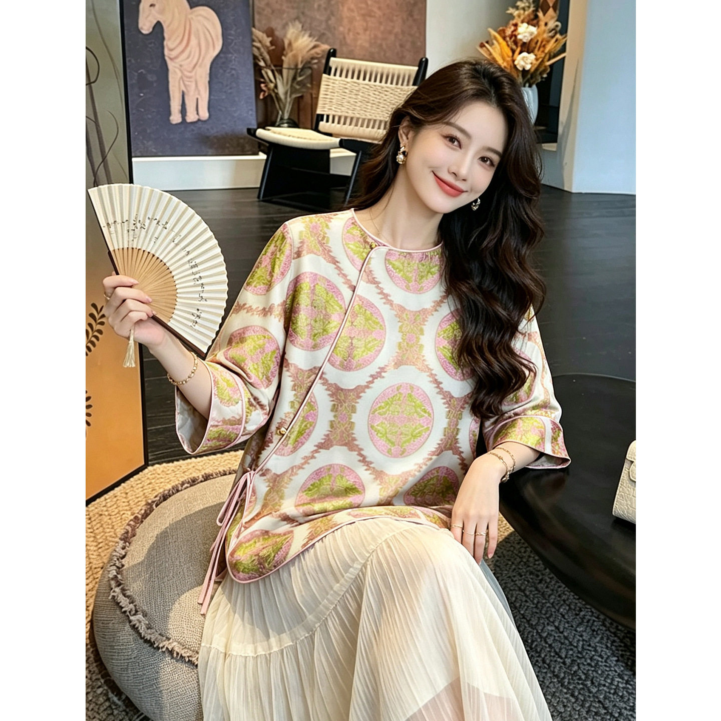 高端100%桑蚕丝新中式上衣女穿搭宝相花提花宽松国风斜襟茶服小衫