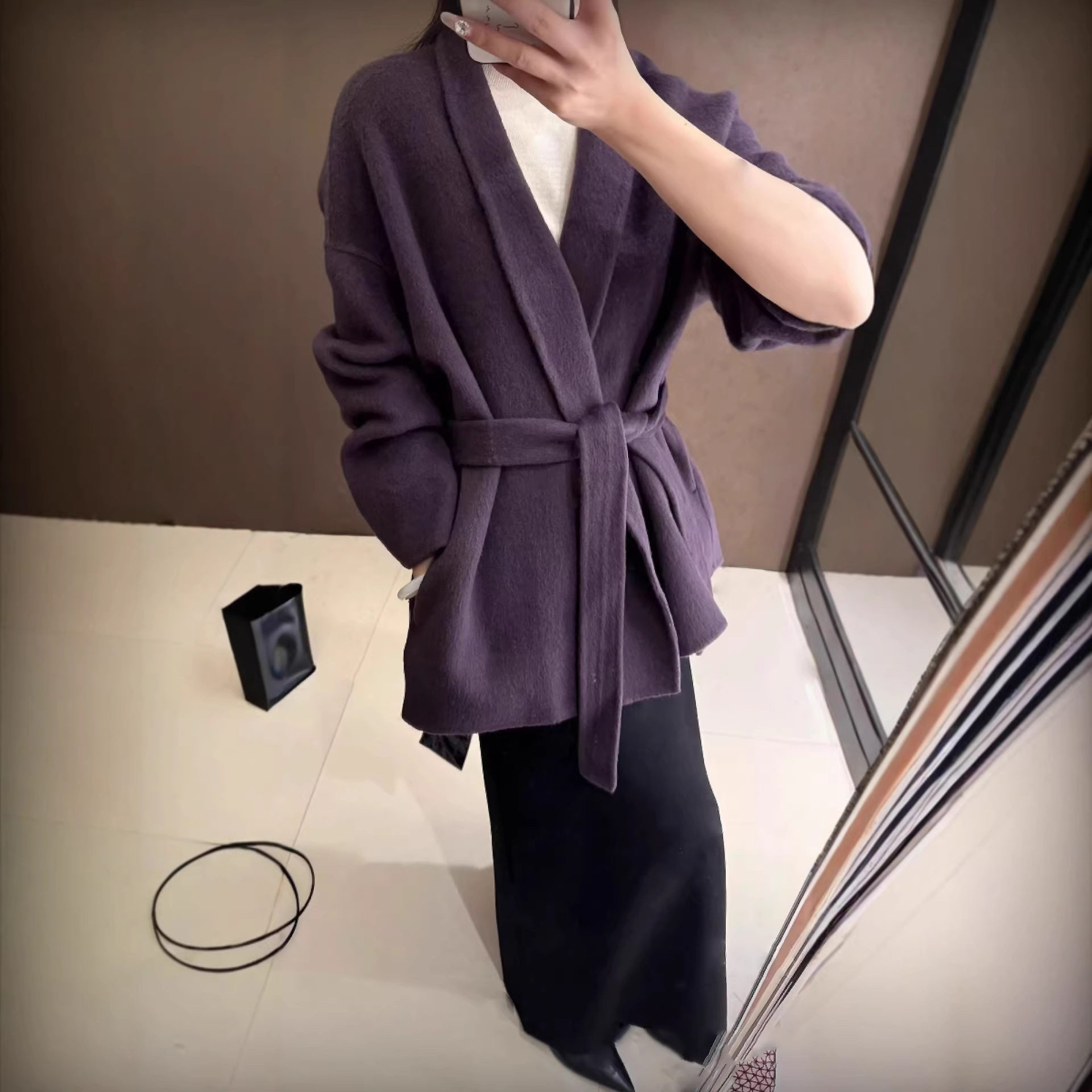 紫色小个子宽松细带双面羊毛大衣女高端气质浴袍款羊毛呢外套女