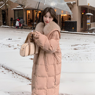粉色大毛领羽绒服女中长款2025冬季新款韩系设计感加厚白鸭绒外套