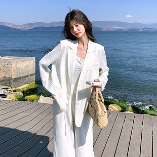 实拍白色休闲亚麻西装套装2025新款松弛简约西服阔腿裤减龄两件套