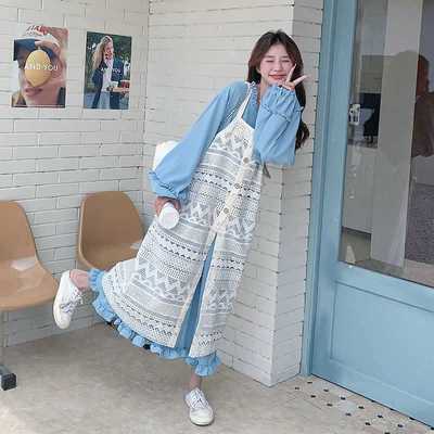 蓝色甜美气质连衣裙套装女春季2025新款镂空针织罩纱长裙子