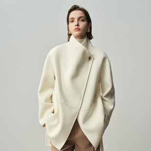 [本初]不规则翻领羊毛呢外套小个子中长款一粒扣系带双面羊绒大衣