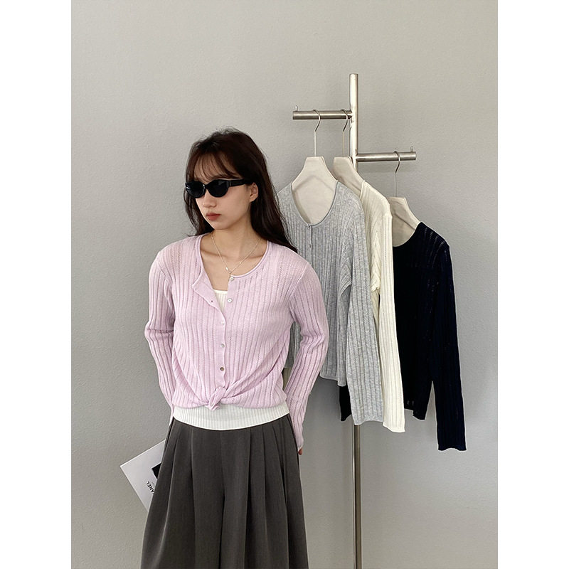 江左 韩系卷边领镂空薄款针织开衫女26早春新款百搭羊毛上衣W6005