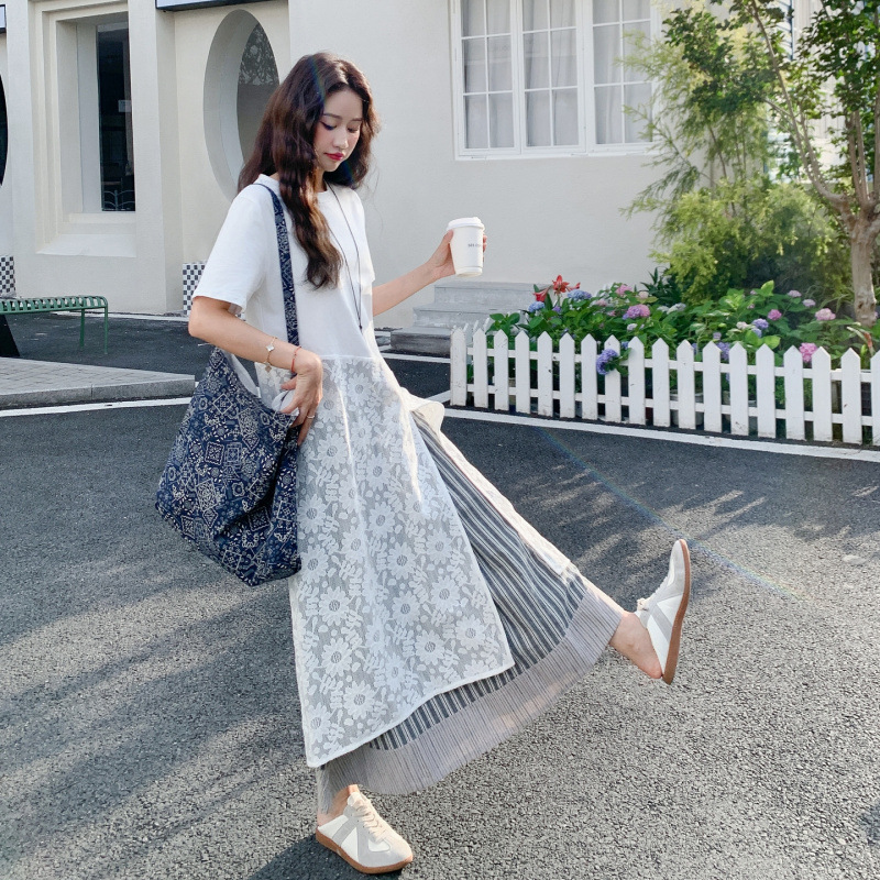 实拍超好看白色T恤连衣裙女2025夏高级感宽松显瘦减龄假两件长裙