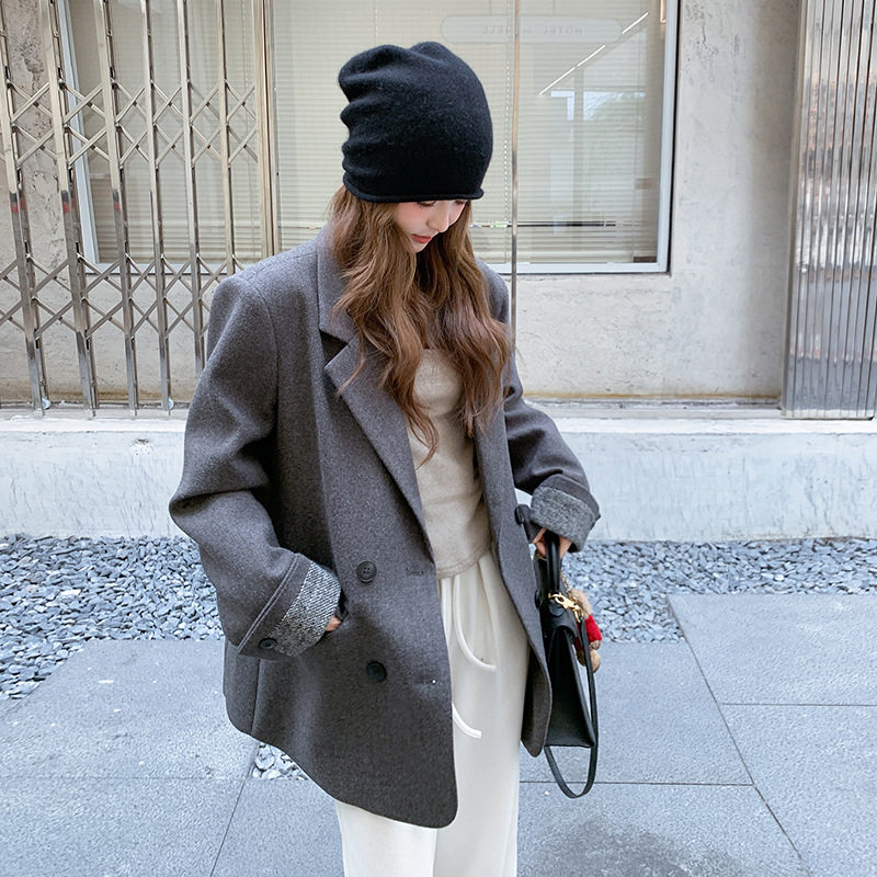 内胆羽绒服灰色西装厚外套女冬季气质高级感韩版宽松正肩毛呢大衣