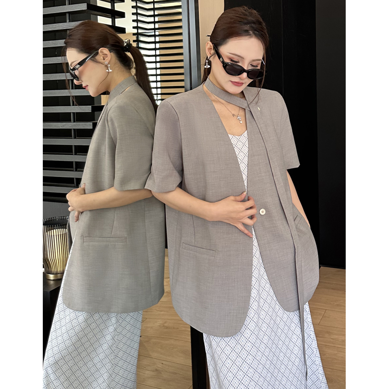 慕秀法拉2025夏季高级感气质薄款西装外套女宽松短袖休闲上衣外套