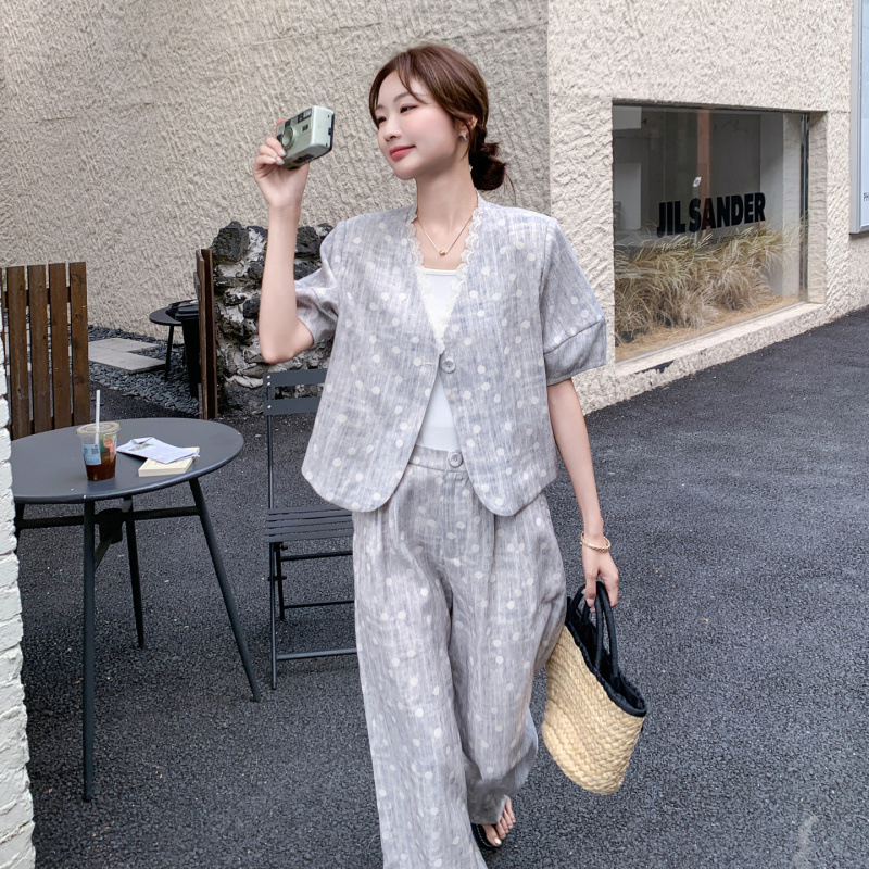 实拍波点短袖西装套装女夏2025新款高级薄款西服外套阔腿裤