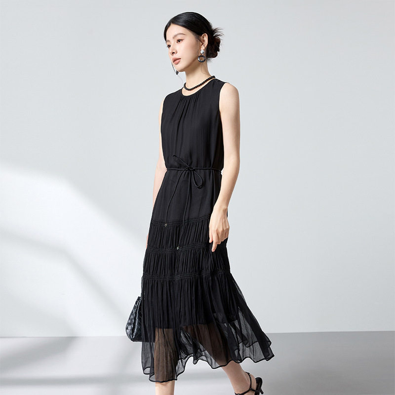 2026新款杭州重磅真丝桑蚕丝连衣裙女无袖修身显瘦系带高腰背心裙