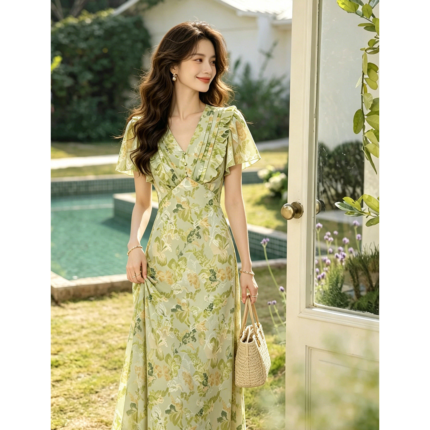 100%桑蚕丝真丝剪花绡碎花连衣裙女2026夏季新款高腰显瘦长裙度假