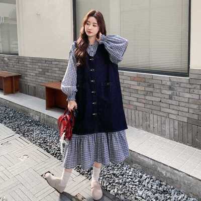 韩系复古学院风牛仔背心连衣裙套装女2025秋新款格纹衬衫裙