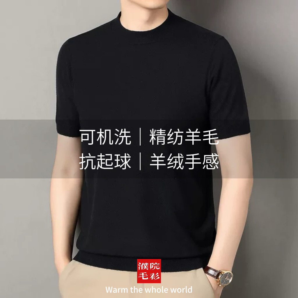 浙江濮院精纺羊毛短袖男士秋季圆领针织衫宽松型纯色不起球羊毛衫