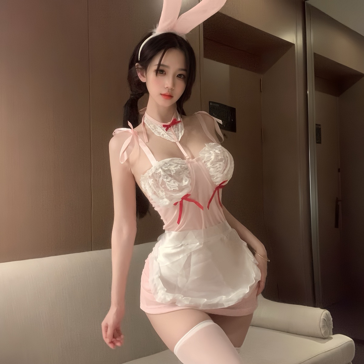 春野山奈情趣可爱内衣性感兔女郎钢圈聚拢透视套装诱货深V制服裙