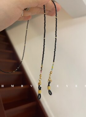 原创经典黑色酷酷眼镜链黑尖晶搭配金色东宝小米珠彩色碧玺挂链