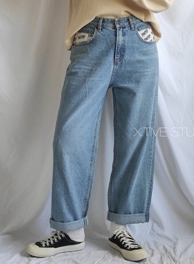 X.TIVE | Korea韩国进口女装字母印花口袋拼接直筒牛仔裤休闲百搭