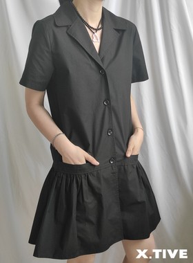 X.TIVE | Korea韩国进口挺括气质精梳棉短袖衬衫连衣裙黑色ins风