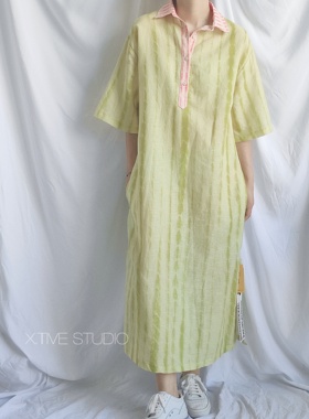 X.TIVE 春夏系列小众设计师款亚麻棉撞色条纹POLO领连衣裙休闲