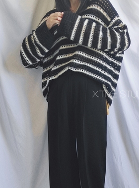 X.TIVE 秋冬系列韩版POLO领镂空条纹针织衫棉质宽松大码女装上衣