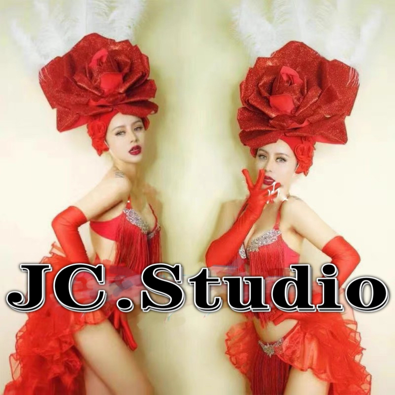 酒吧派对演出服圣诞节大花朵头饰红花边比基尼性感裙摆ds夜店