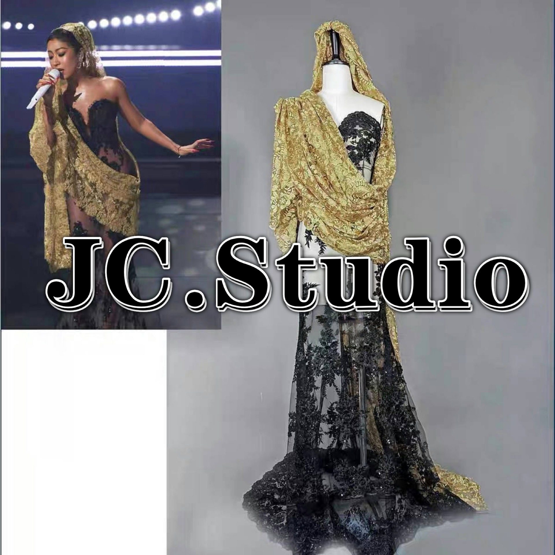 定制gogo女团dj歌手明星同款金色蕾丝黑色网纱长裙礼服走秀演出