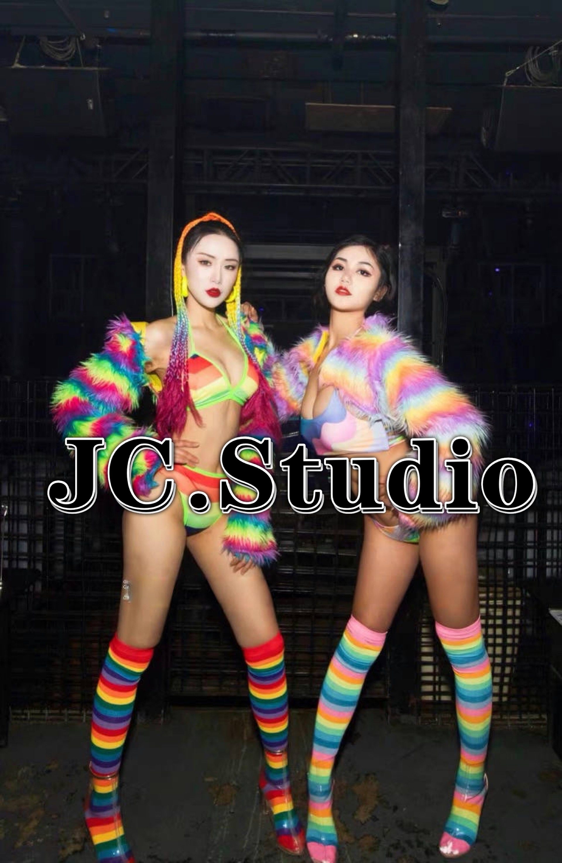 定制酒吧夜店gogo演出服女团dj歌手彩色毛毛外套比基尼套装