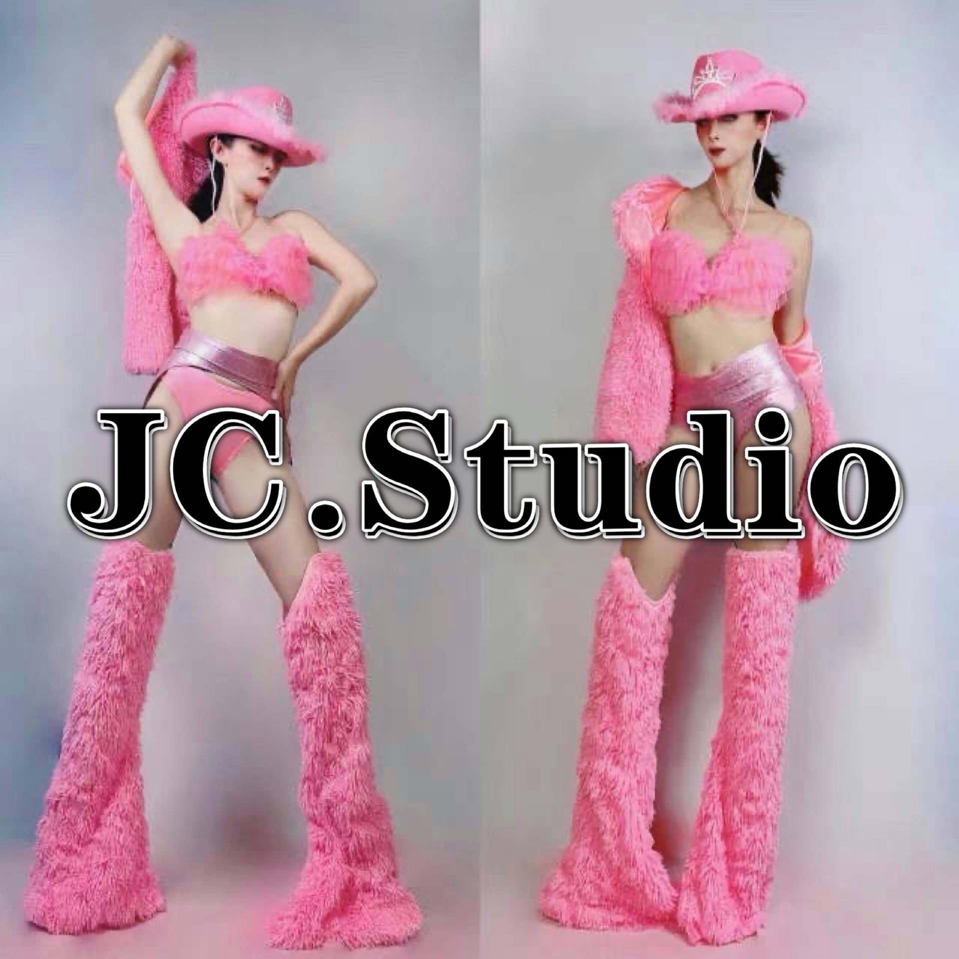 gogo演出服粉色毛毛外套腿套牛仔帽套装夜店主题派对ds颗粒秀服装