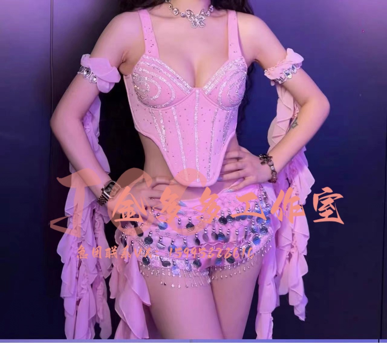 酒吧夜店dj打歌服性感粉色亮钻芭比pink酒吧女歌手liveshow演出服