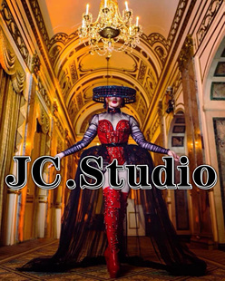 红磨坊欧美演出服gogo红色大裙摆鸟笼群拖尾性感束身亮片