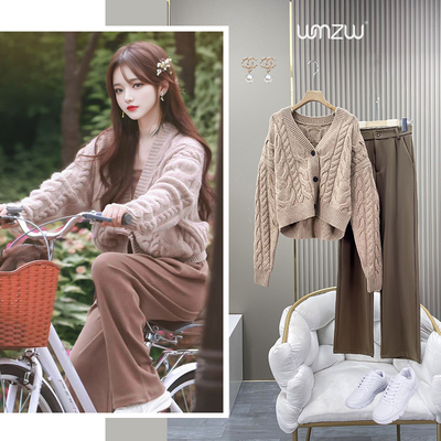 V领麻花短款针织开衫女减龄毛衣