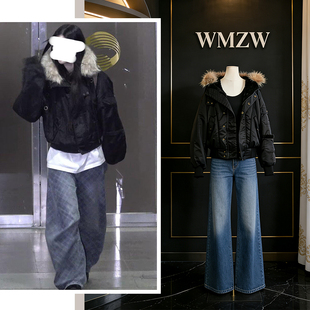 minju同款连帽有毛领宽松收腰黑色减龄派克服夹克外套女