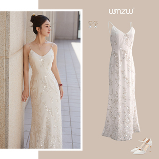 明星赵丽颖同款白色吊带连衣裙晚礼服高端亮片刺绣宴会主持女长裙