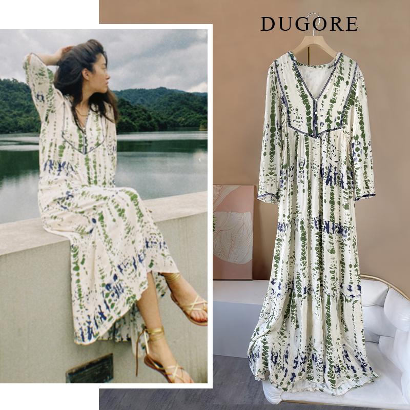 慵懒风花色扎染连衣裙