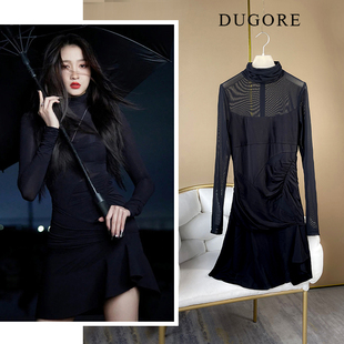 关晓彤同款黑色高领长袖连衣裙弹力修身显瘦赫本风小黑裙女2023春