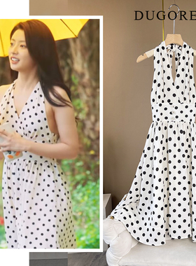 夏花何冉徐若晗同款白色女连衣裙挂脖波点高级沙滩海边露背裙子夏