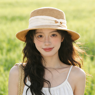 法式 春夏度假风太阳帽 复古平顶草帽女高级感平檐遮阳帽子2026新款