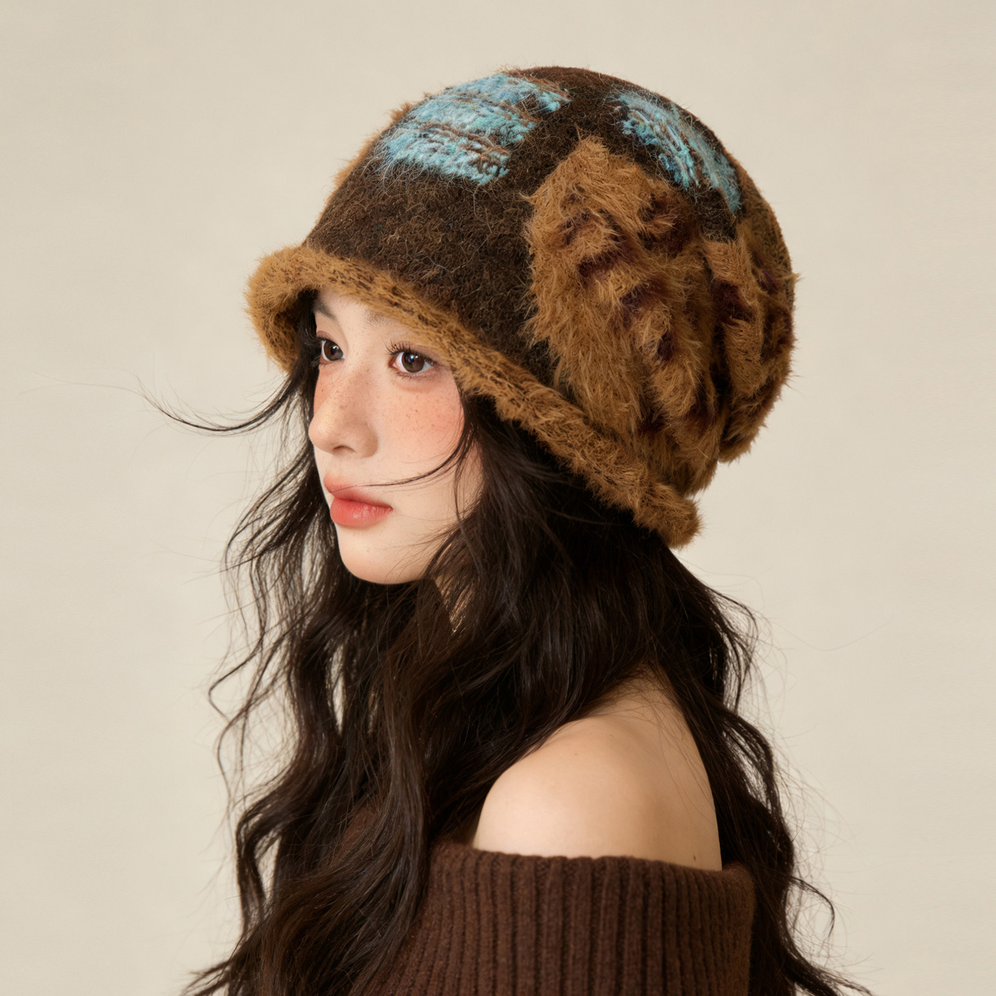 美拉德棕色堆堆帽时髦复古豹纹小猫针织套头帽显瘦宽松版型冷帽女