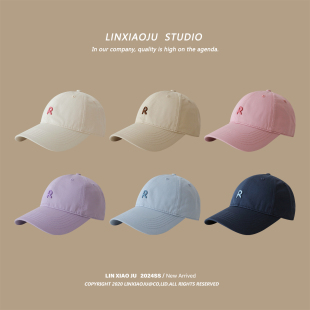 韩版 宽檐显脸小鸭舌帽休闲百搭软顶遮阳帽子 简约R标棒球帽女四季