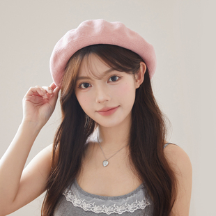 纯色镂空贝雷帽女生夏季 韩版 透气编织蓓蕾帽甜美百搭粉色画家帽子