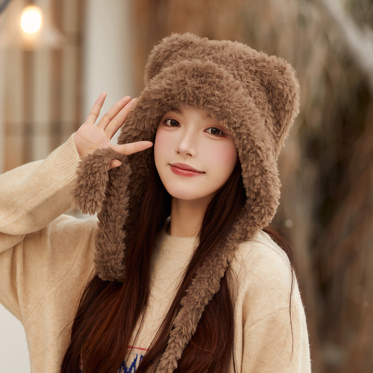 林小橘甜美可爱小熊毛绒针织帽