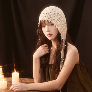 针织帽 手工珍珠吊坠包头帽女生镂空编织流苏套头帽民族风度假薄款