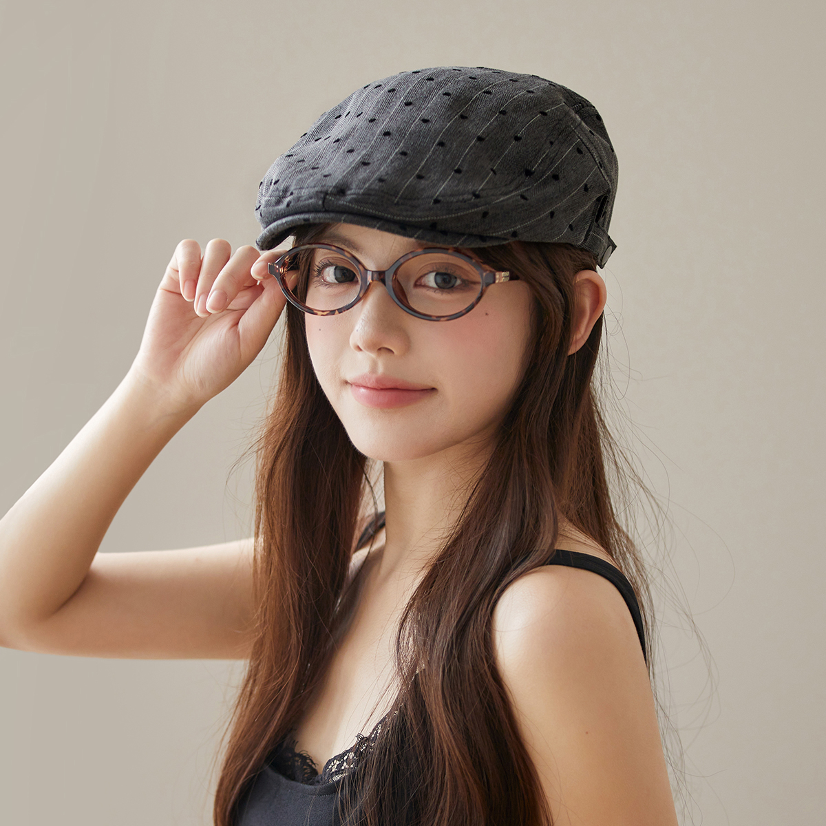 日系文艺复古前进帽女高级感时尚条纹鸭舌帽春夏款黑灰色报童帽子