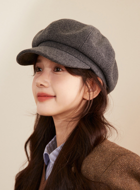 秋冬大帽顶纯色八角帽女高级感灰色厚款毛呢贝雷帽气质复古报童帽
