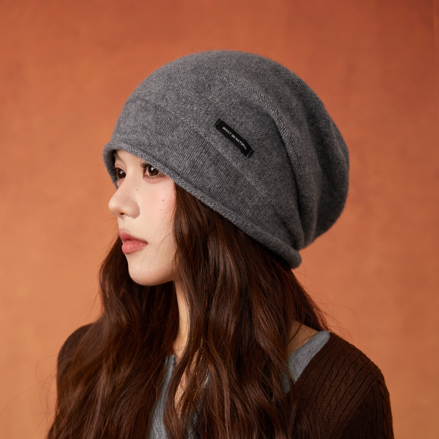 100%纯羊毛堆堆帽女简约高级感灰色保暖套头帽慵懒风冷帽针织帽