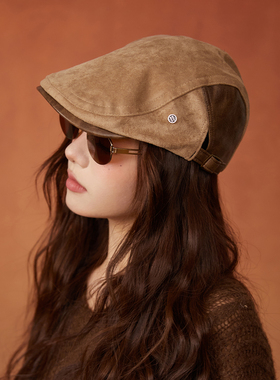 秋季老钱风皮革前进帽气质复古麂皮绒鸭舌帽女文艺百搭报童帽子男