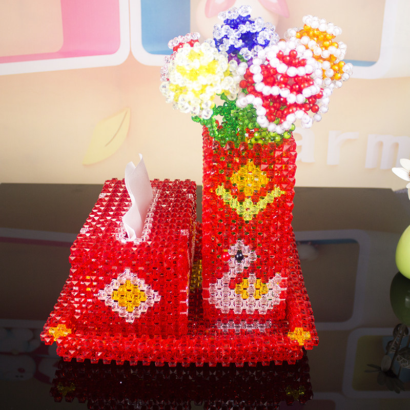 喜庆摆件水果盘手工成品串珠抽纸盒材料包diy鸳鸯戏水花瓶三件套