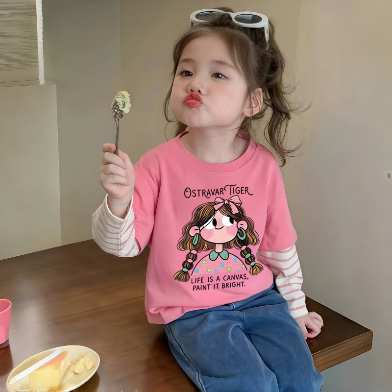女童长袖t恤纯棉春秋假两件打底衫卡通小女孩韩版巨好看儿童上衣