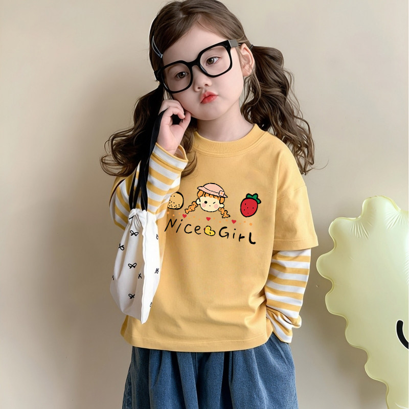 女童春装上衣2026新款韩版假两件童装纯棉卡通小女孩宝宝长袖t恤