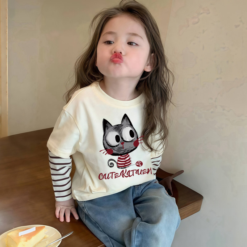 100%纯棉女童长袖t恤春秋款韩范卡通中小童假两件女宝宝春装上衣