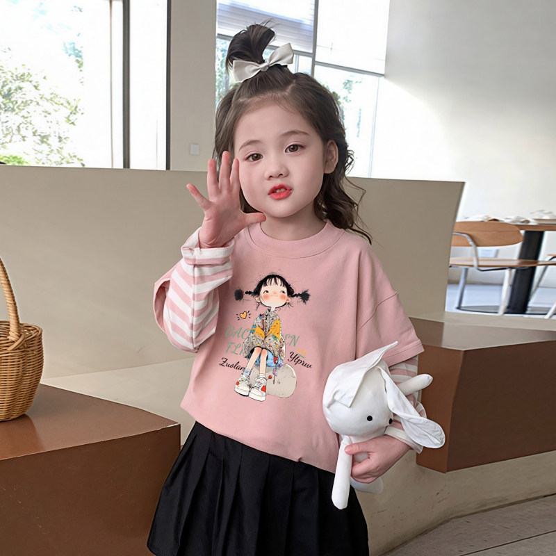 儿童纯棉长袖t恤女童春秋上衣2026新款卡通小女孩假两件打底衫潮T