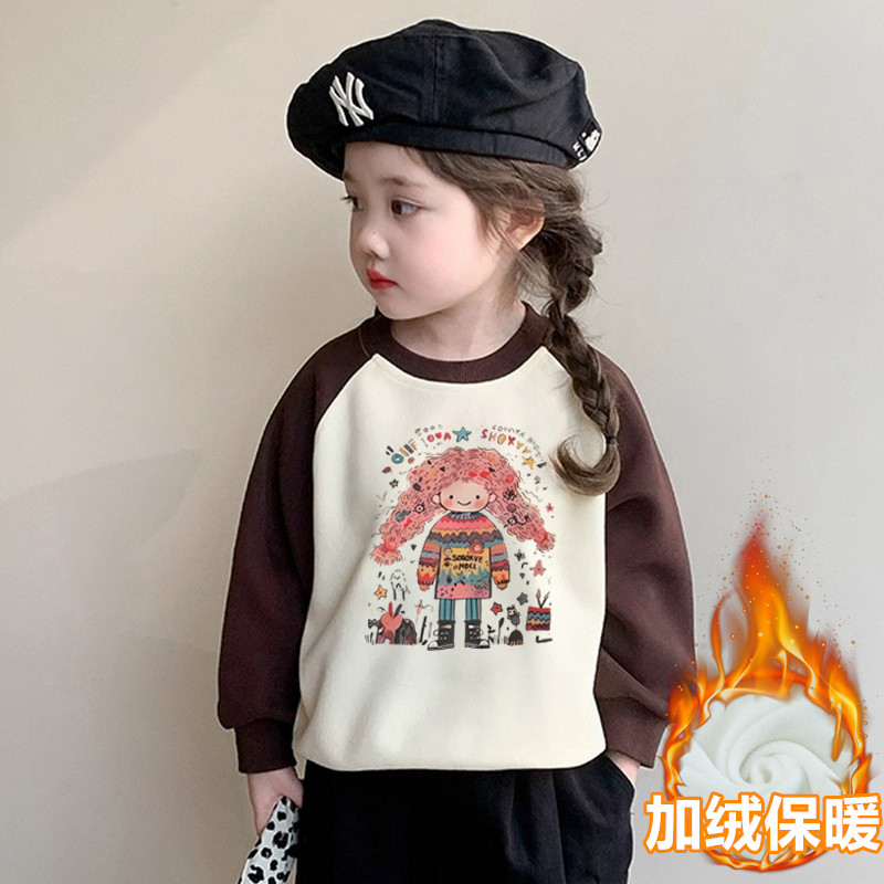 女童卫衣秋冬季2026新款儿童加绒一体绒上衣卡通插肩袖女宝宝衣服